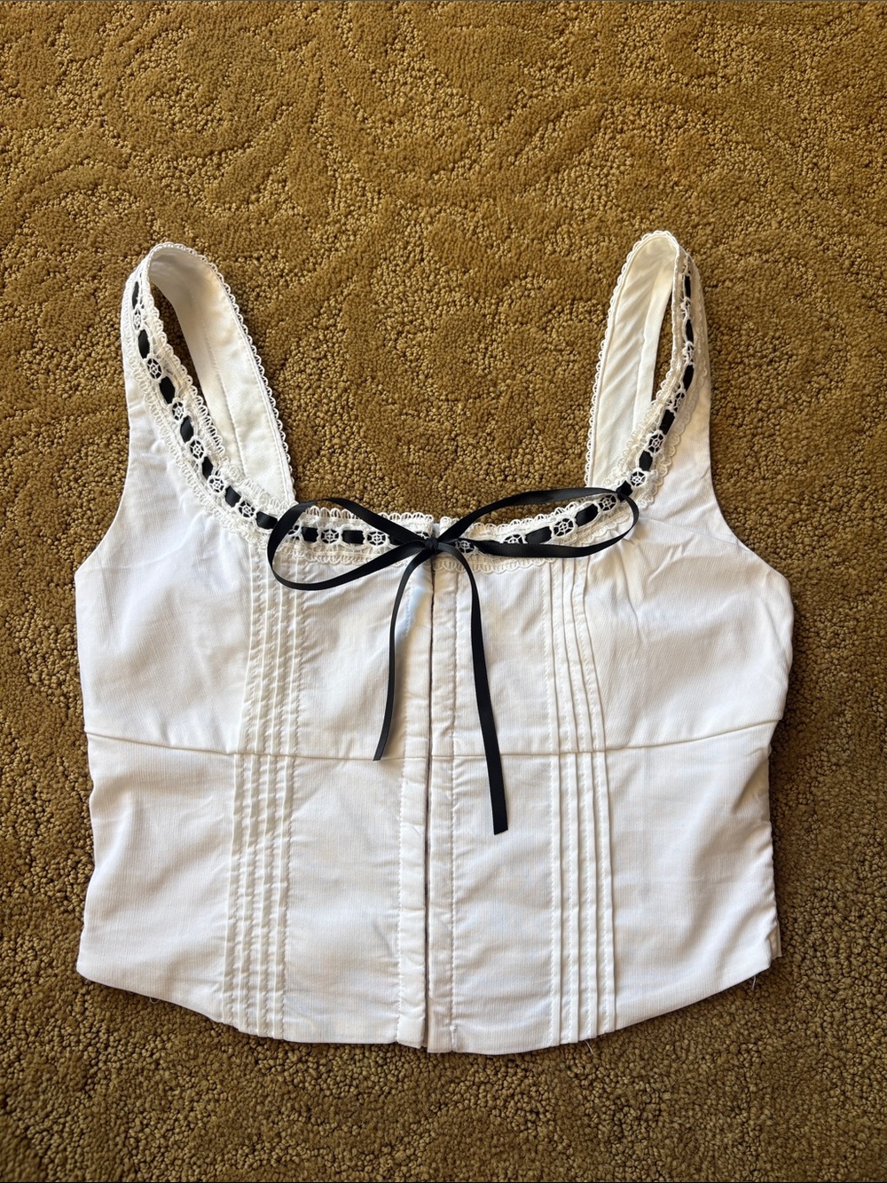 T.J.Maxx White Lace-Trim Crop Top with Black Ribbon